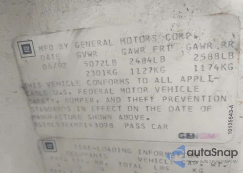 1992 Chevrolet Caprice z USA, uszkodzony, nr VIN 1G1BL53EXNR143098